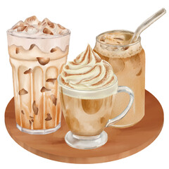 Watercolor Illustration of Three Iced Coffee Drinks