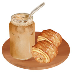 Iced Latte and Pastries on a Wooden Plate