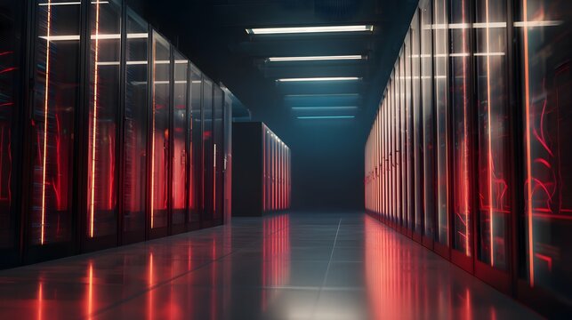 Modern server racks in a sleek data center with LED lights softly glowing
