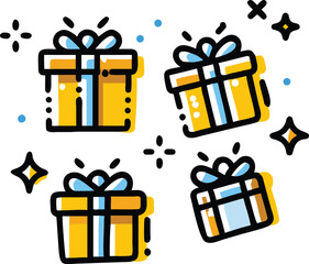 A group of 4-5 gift boxes in different angles and poses, each with unique patterns, colors, and ribbon styles, clean line art with playful sparkles