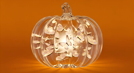 Magical glass pumpkin glowing with ethereal butterflies, enchanting autumn fantasy scene