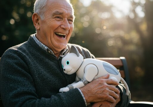 An elderly man happily hugs a robotic cat, enjoying a sunny day outdoors.