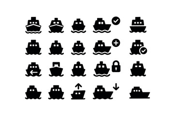 Obraz premium vector solid black filled icons Ferry (Basic) ferry icon ferry new ferry old ferry valid ferry invalid ferry active ferry inactive ferry add ferry remove ferry confirm ferry cancel ferry.
