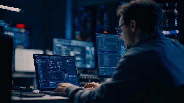 Medium shot of engineer adjusting router configurations via laptop blurred coworkers and flashing status LEDs in darkened NOC environment.