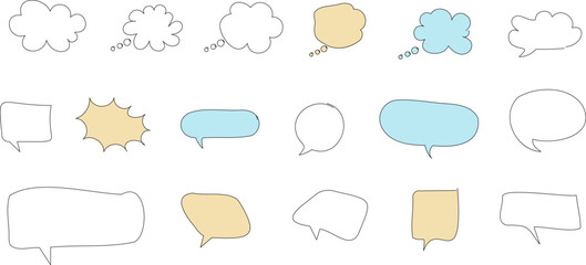 Line frame text speech bubble set. Line balloon design talk speech bubble frame. Text dialog balloon, simple doodle thinking cloud. Vector illustration or PNG