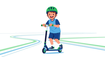 Obraz premium Boy on a scooter wearing a helmet rides on the road vector illustration