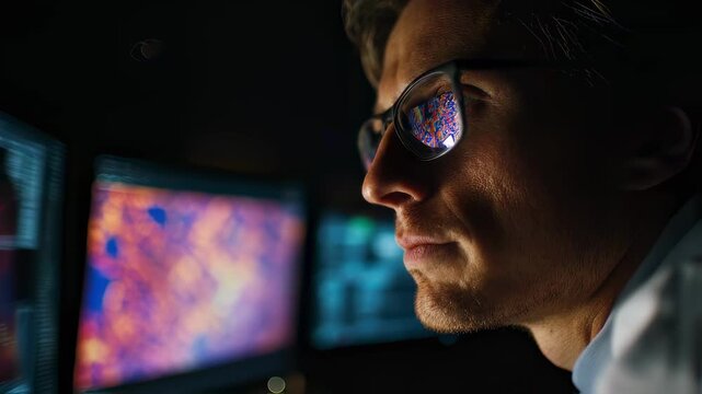 Medium shot of scientist wearing glasses studying complex methylation patterns on dual monitors main focus on reflected heatmap in glasses background softly blurred.
