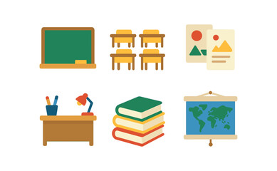 vector colorful flat filled icons transitional schooling (classroom): chalkboard desks in rows student projects teacher desk school books maps.