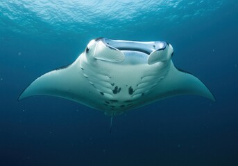 The manta ray swims gracefully through the deep blue ocean, creating a stunning view.