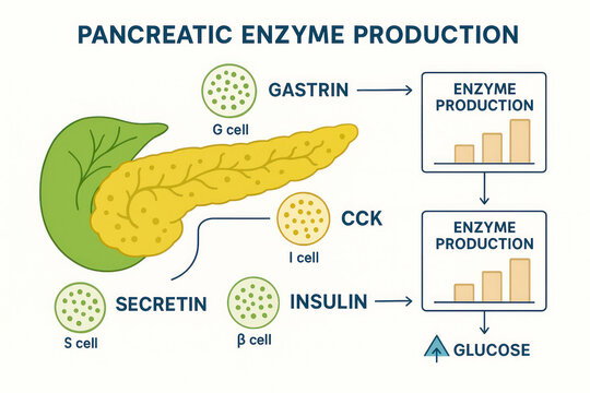 Pancreatic Enzyme Production Process, illustration of human organ function [Illustration]