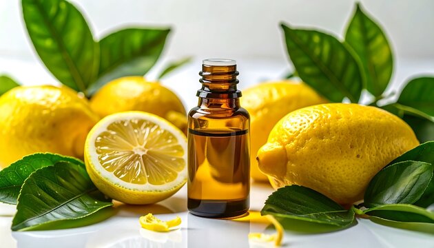Freshly picked lemons and a bottle of lemon essential oil sit on a bright surface, showcasing the vibrant citrus tones.