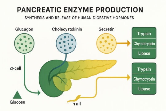 Pancreatic Enzyme Production: Synthesis and Release of Digestive Hormones - Illustration