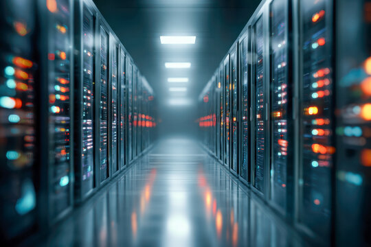 A futuristic data center corridor lined with illuminated server racks showcasing advanced technology in a high-tech environment with cool blue and orange lighting effects - Powered by Adobe