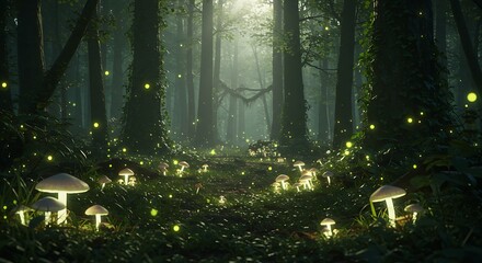 Obraz premium A magical forest scene with glowing mushrooms and light filtering through trees.