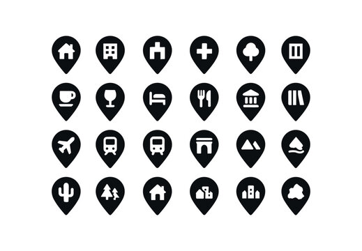 vector solid black filled icons Map Pin (Types) mappin home mappin work mappin school mappin hospital mappin park mappin shop mappin cafe mappin bar mappin hotel mappin restaurant mappin.