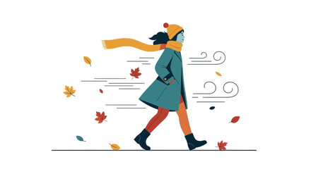 Autumn Breeze And Leaves: A Woman Strolling In The Wind, Seasonal Illustration
