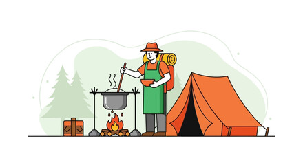 Camping Adventure: Cooking And Exploring, Illustration Of A Hiker Preparing Food At Campsite