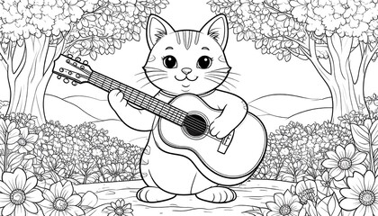 Cute cat playing guitar in a floral forest