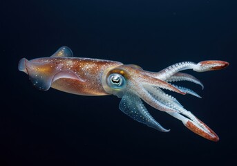 A beautiful squid, a mesmerizing creature, swimming in the dark ocean