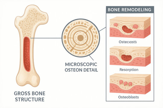 Bone Remodeling Process: Gross Bone Structure, Microscopic Osteon Detail, Osteoclasts, Resorption, and Osteoblasts - Illustration