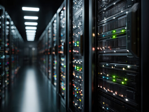 Data center with illuminated server racks in a modern technology facility