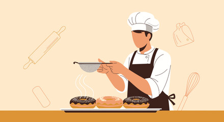 Baker Decorating Donuts In The Kitchen Preparing Freshly Baked Sweet Pastries For Sale