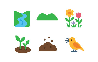 vector colorful flat filled icons gully (spring): trickling stream green banks wildflowers fresh shoots soft soil bird calls.
