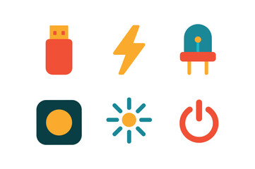 vector colorful flat filled icons flash (technology): flash drive flash icon LED light device indicator signal burst power button.