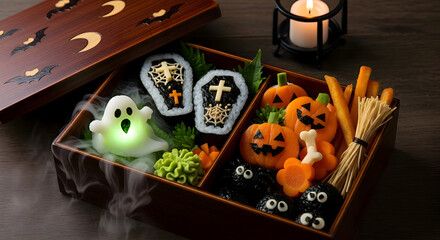 Delightful Halloween bento box featuring spooky ghost, pumpkins, and coffin sushi for festive fun