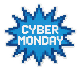 Fototapeta premium Blue burst sticker with CYBER MONDAY offer in pixelated style, vibrant promo retail discount on transparent background.