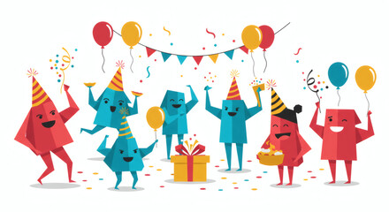 Cartoon Party People Celebrating with Balloons Confetti and a Gift.