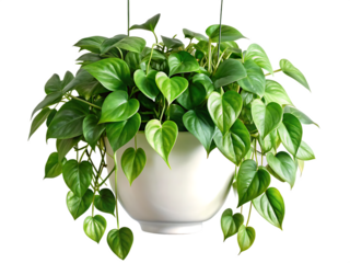 Lush green heart shaped leaves cascading from white pot isolated on a transparent background plant