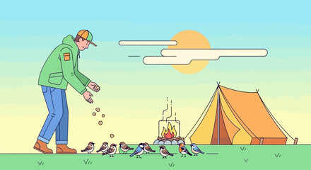 Obraz premium Caring Individual Feeding Birds Near Camp In Illustrated Scene During A Sunny Day