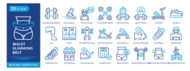 Waist Slimming Belt icon set collection in outline color style. an icon pack contain DumbbellsDumbbells,Running Shoe,Fitness Trainer,Workout Timer,Treadmill,Sneakers,Leg,Locker