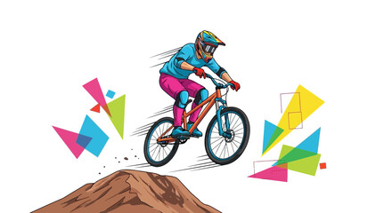 Fototapeta premium Bicycle Rider Soaring Through The Air on a Mountain Bike Performing Dynamic Stunts