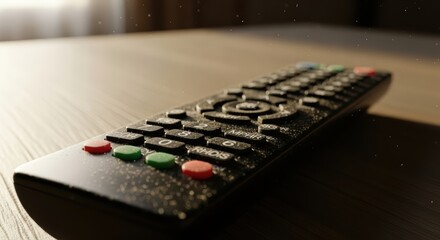 Dusty remote control on wooden surface in sunlight