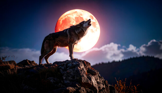 Lobo aullando frente a la luna llena escena salvaje e imponente