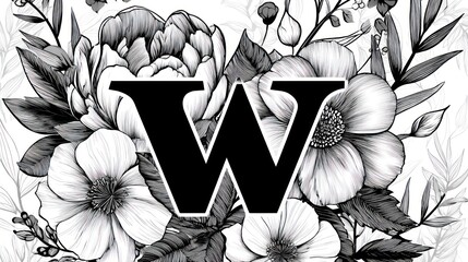 Elegant black and white floral letter w