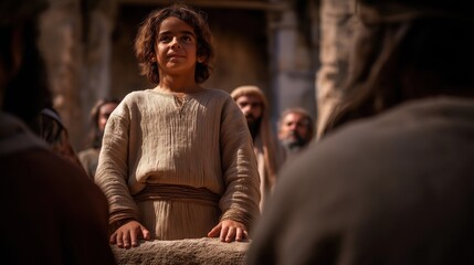 Young Jesus, wise beyond his years, teaches the elders in the temple courtyard, his calm authority and insight inspiring awe, symbolizing divine wisdom and early spiritual purpose.
