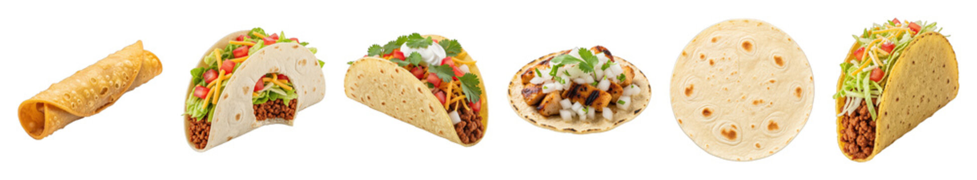 Taco set including hard shell, soft, taquito, and tortilla variants isolated. Mexican cuisine and fast food collection.