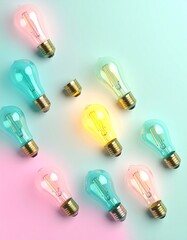 Colorful light bulbs in a geometric pattern on a pastel background