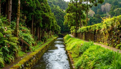 Lush canal winding through a tropical garden