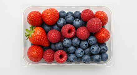 Berry box with berries outside, clear packaging, no text, isolated