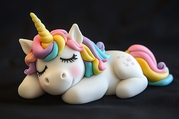 Cartoon unicorn cake with rainbow icing mane and sleepy eyes, magical theme 