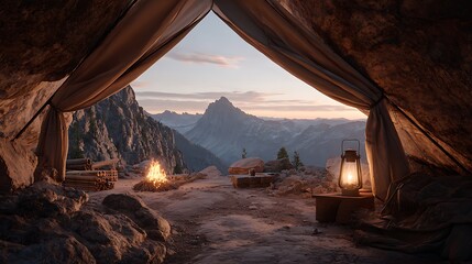 View from inside a tent with a campfire and a mountain range at sunset in the distance outside tent