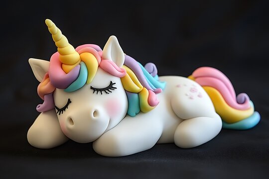 Cartoon unicorn cake with rainbow icing mane and sleepy eyes, magical theme 