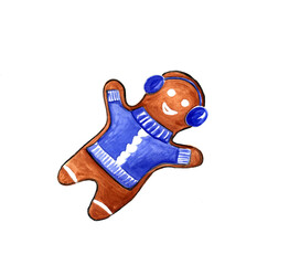 A stylized, watercolor-painted gingerbread man with a joyful expression, wearing a vibrant blue sweater with white accents and matching blue headphones, set against a transparent background.