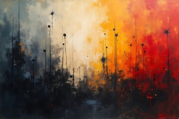 Abstract painting of red orange and gray hues with dark silhouettes