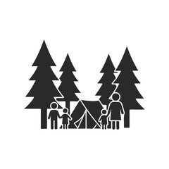 Family camping in forest silhouette: parents and children among pine trees with tent