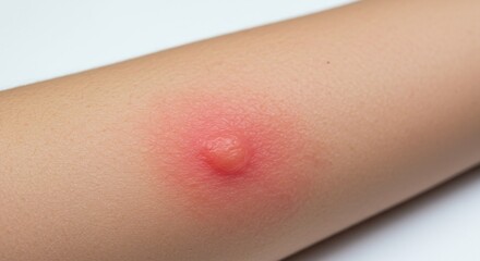 Fototapeta premium Red, swollen insect bite with a central pustule and surrounding erythema on sensitive skin.